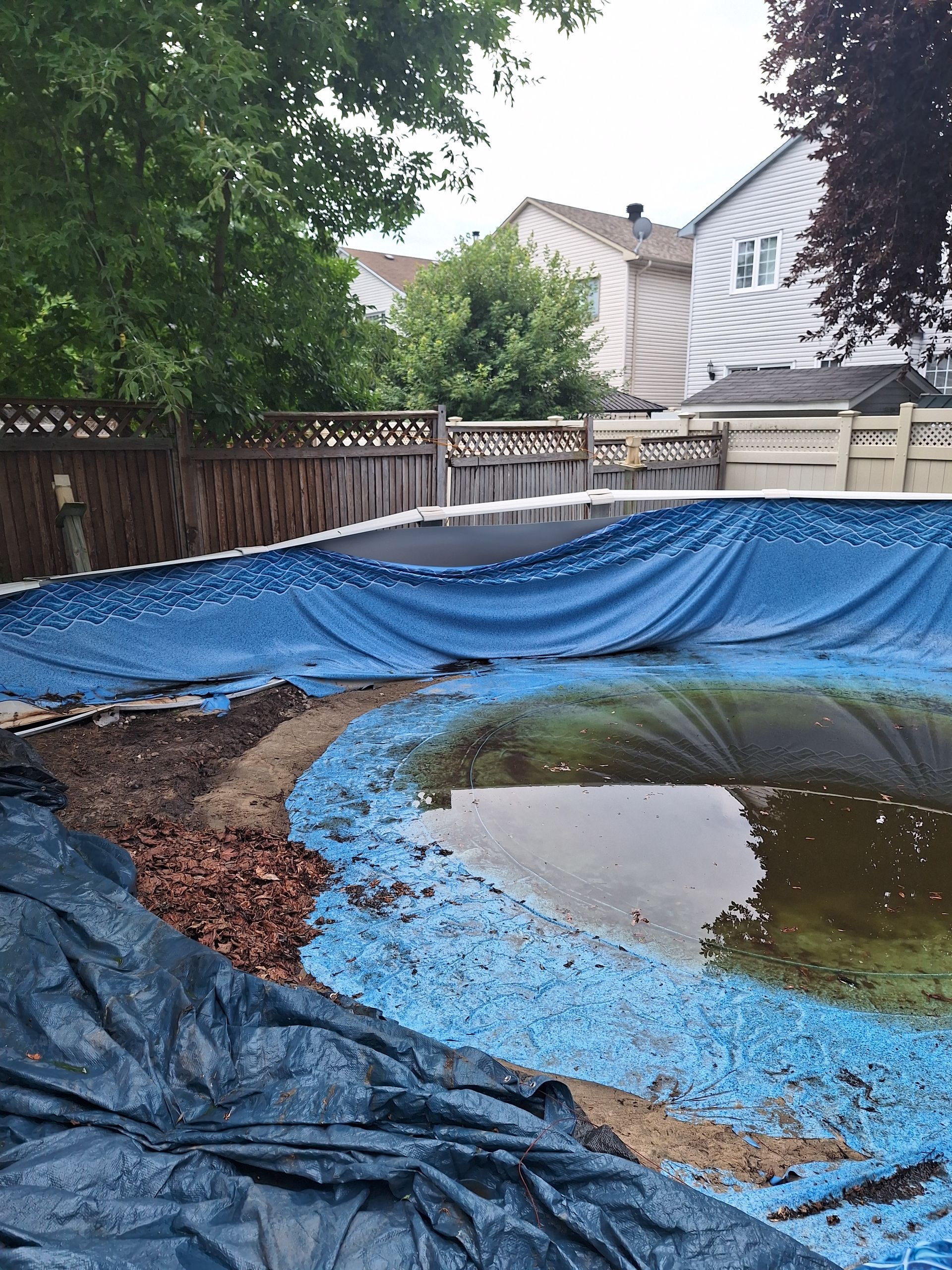 Une piscine de jardin avec une bâche bleue affaissée, gisant dans une eau trouble entourée de débris et de feuilles.