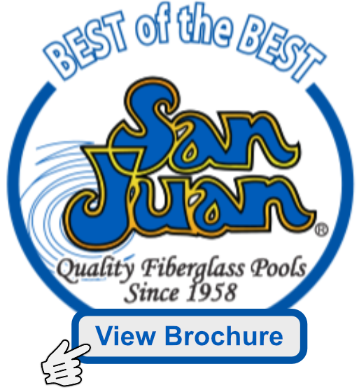 Logo de San Juan Fiberglass Pools avec un texte bleu et une icône de main pointant vers un bouton « Voir la brochure ».