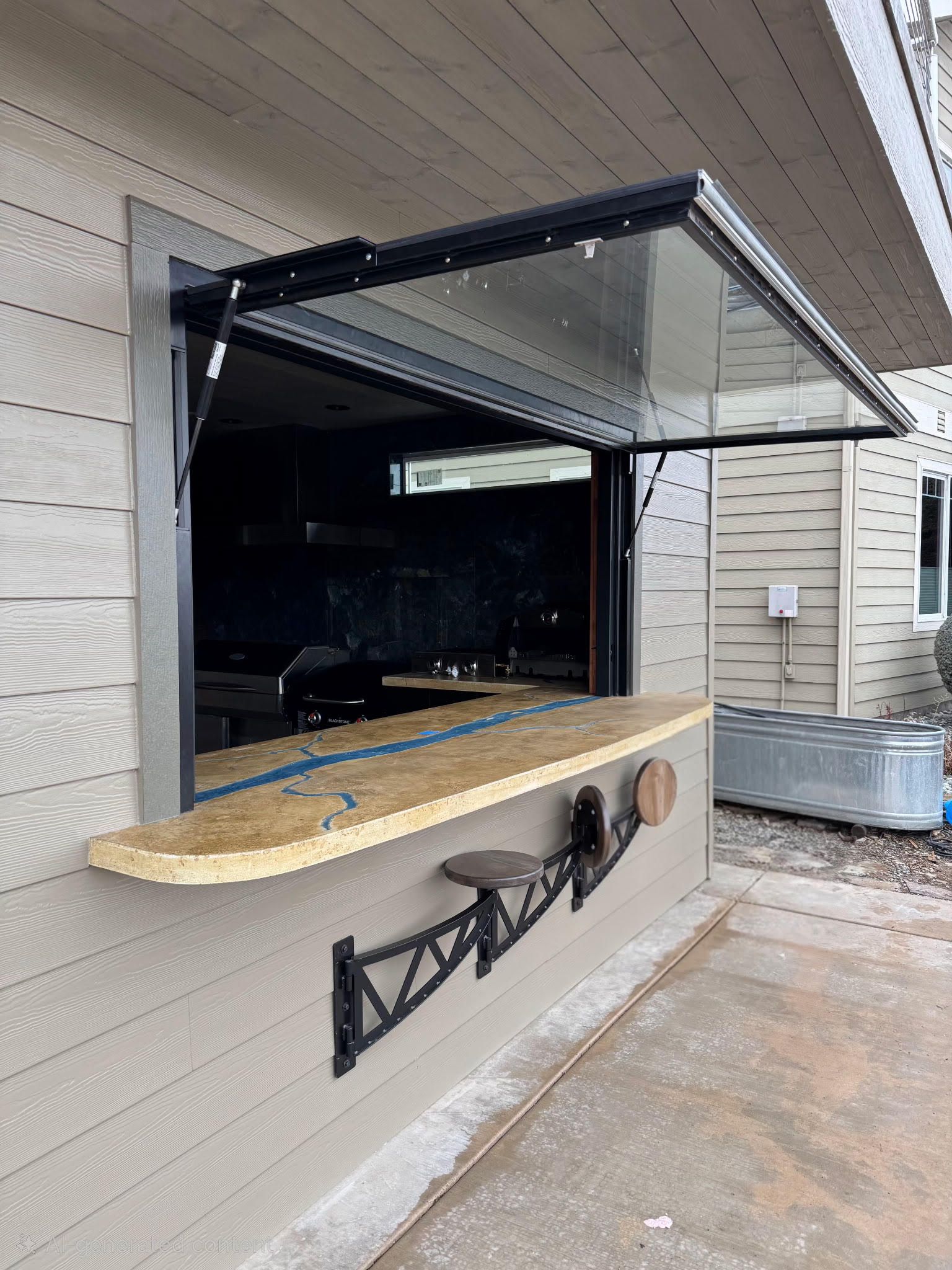 Open black service window on a beige building with a wooden counter and awning above it