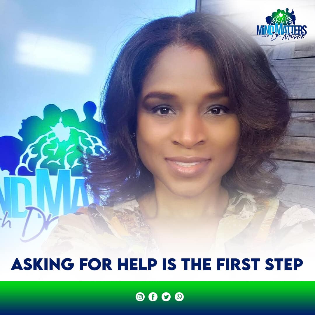 Portrait of a smiling woman with blue-green graphics and the text “ASKING FOR HELP IS THE FIRST STEP”