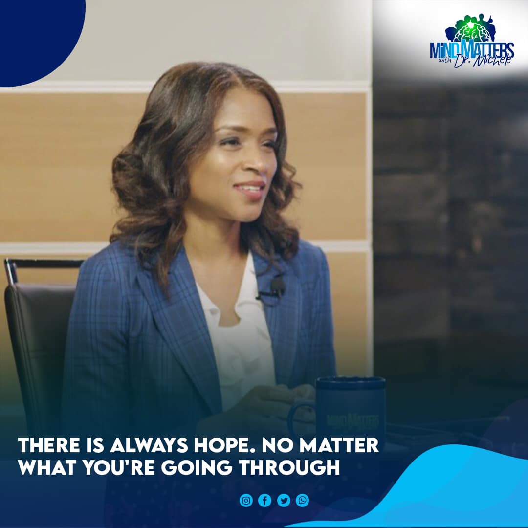 Woman in blue blazer speaking on a studio set with the caption, “There is always hope, no matter what you’re going through.”