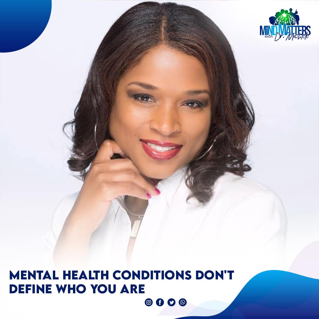 Portrait of smiling woman in white with text: “Mental health conditions don’t define who you are.”