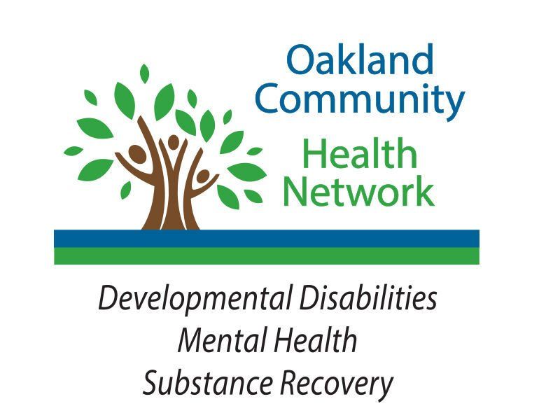 Oakland Community Health Network logo with green tree and blue-green bars, plus disability and mental health text