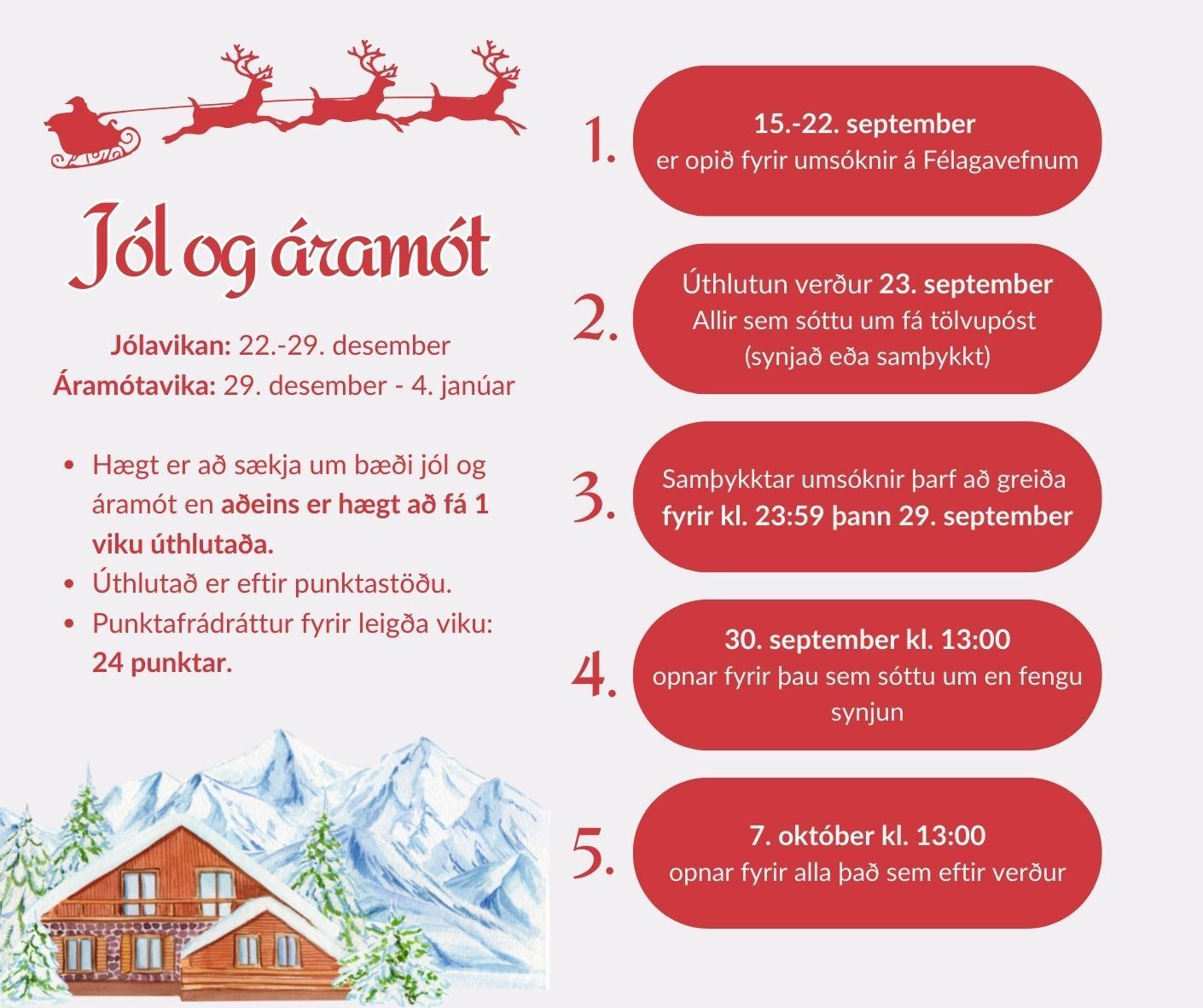 Úthlutun bústaða fyrir jól og áramót 2025
