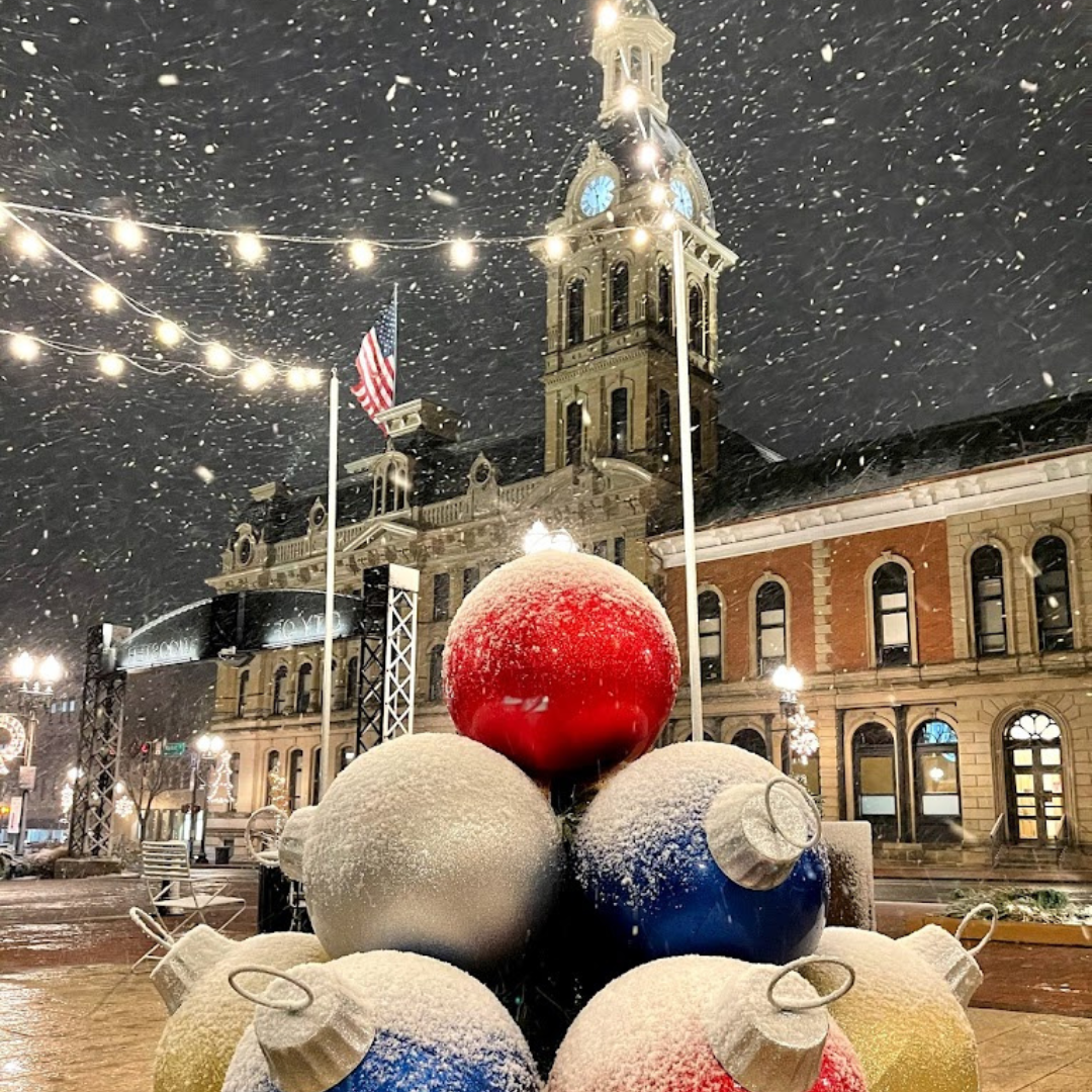 Downtown Wooster Christmas bulbs in snow
