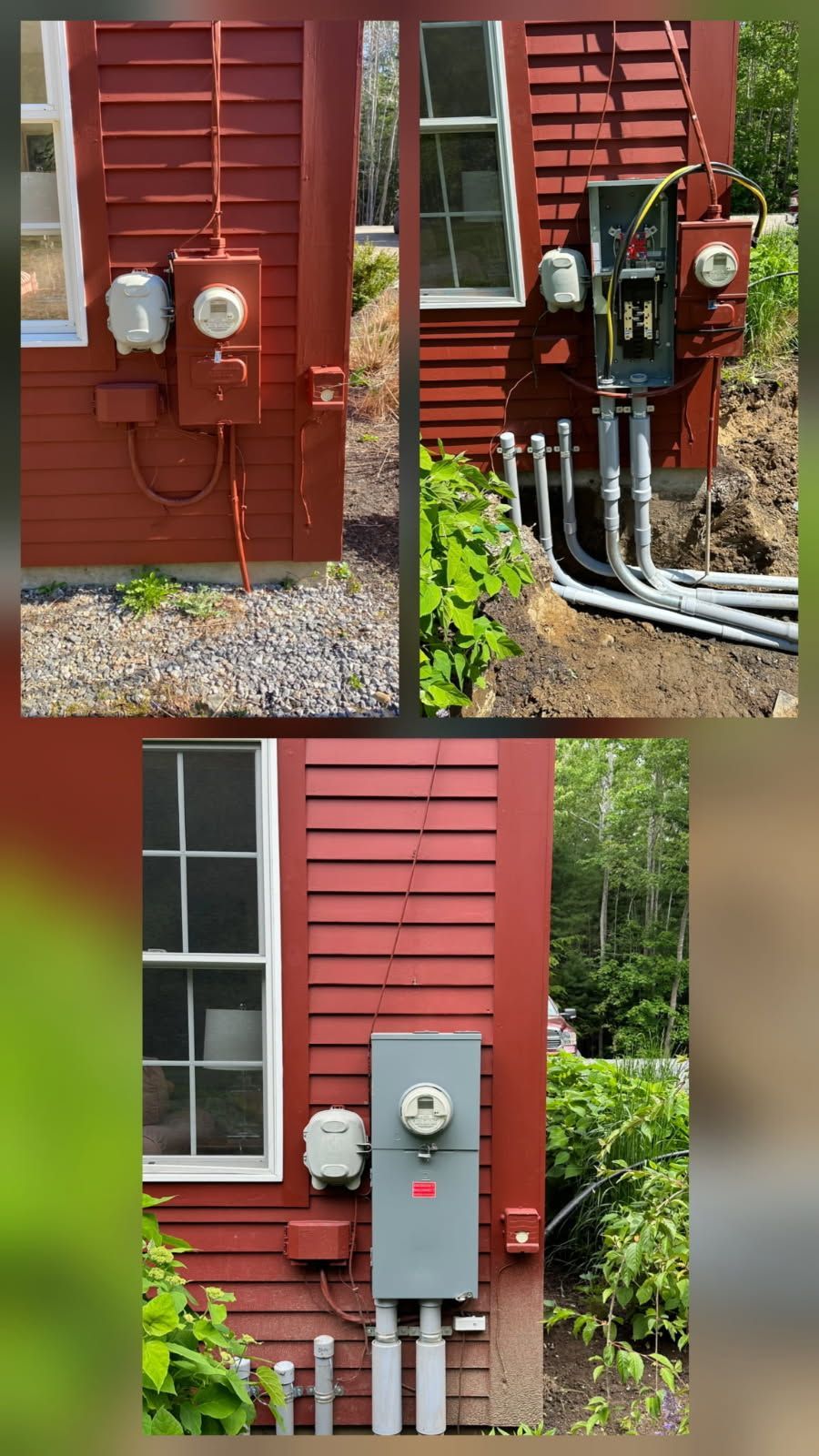 Three images show the progression of an outdoor electrical panel installation on a red-sided building wall.