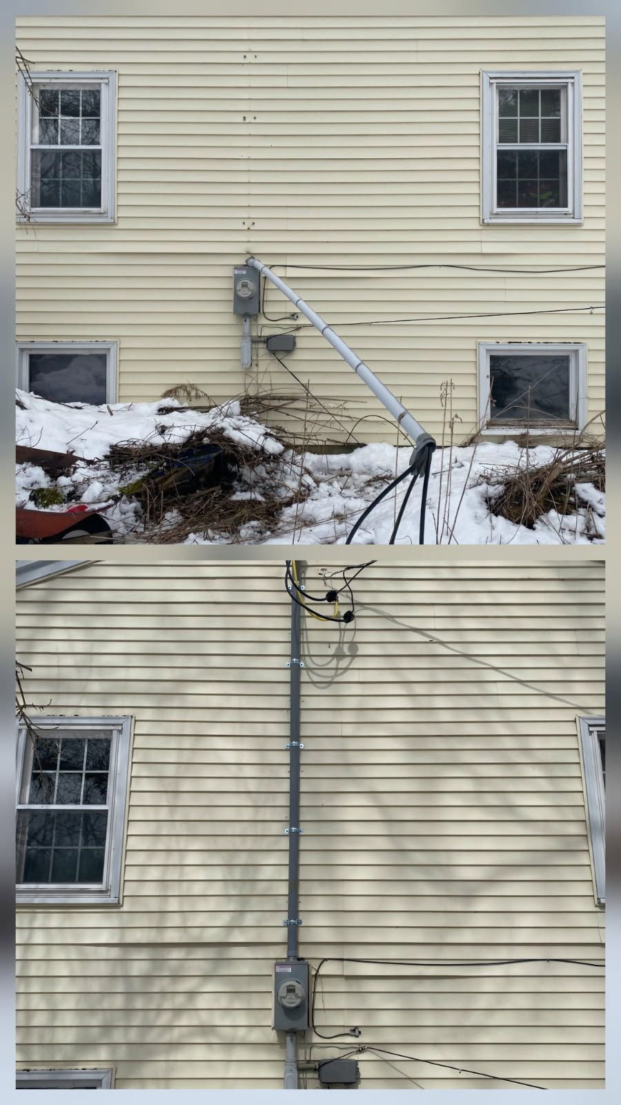 Before and after photos showing an electrical meter service line moved from an angled pipe to a straight vertical conduit.