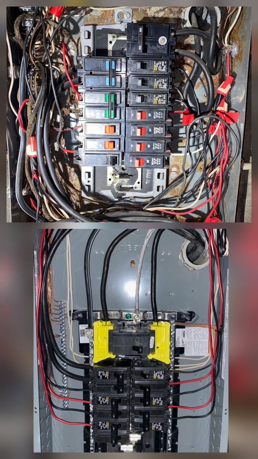 A side-by-side comparison of two electrical breaker panels showing wiring inside residential service equipment.