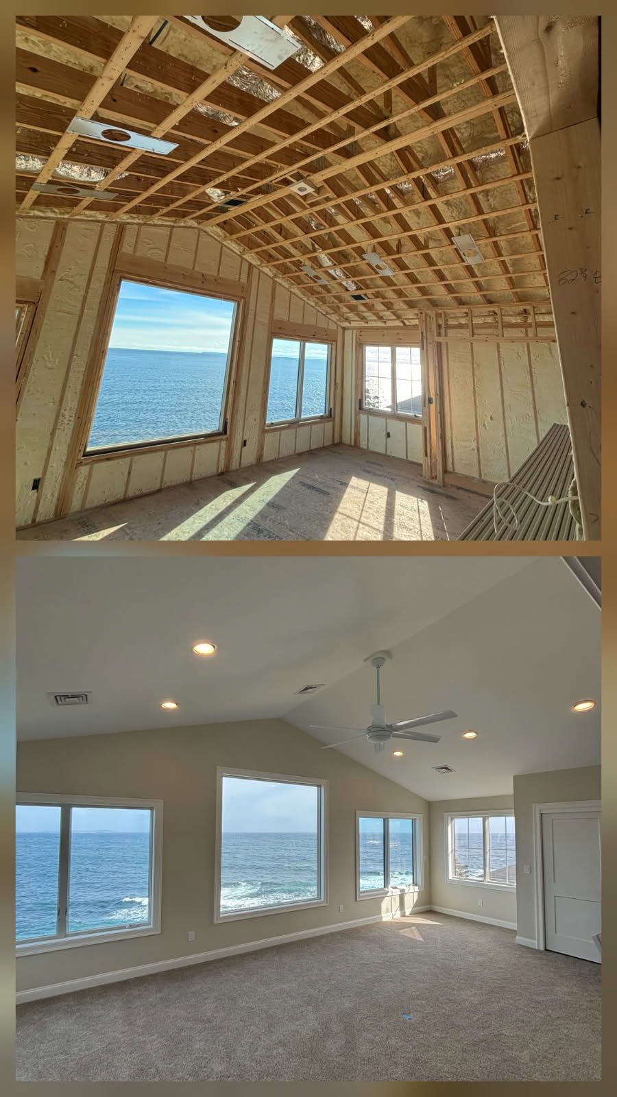 Before and after photos of an oceanfront room showing exposed framing with insulation, then the finished, painted space.