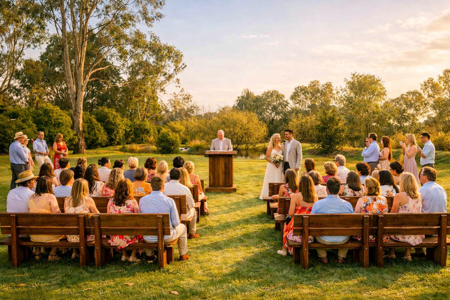 An outdoor, sunlit seating area with wooden benches arranged in rows facing a view of trees and water.