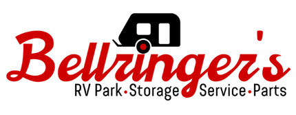 Logo for Bellinger's RV Park, Storage, Service, and Parts with a red script text and a black RV icon.