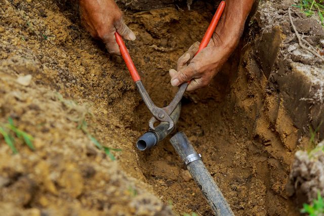 Hands using red-handled pliers to cut a black pipe in a dirt trench