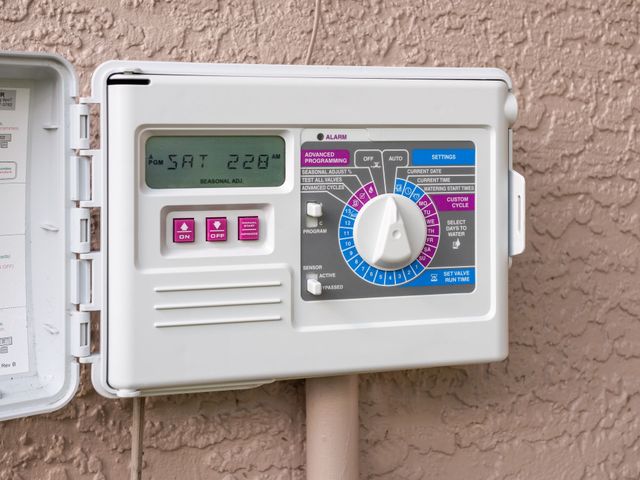 Outdoor sprinkler timer control panel with digital display and rotary dial mounted on a wall