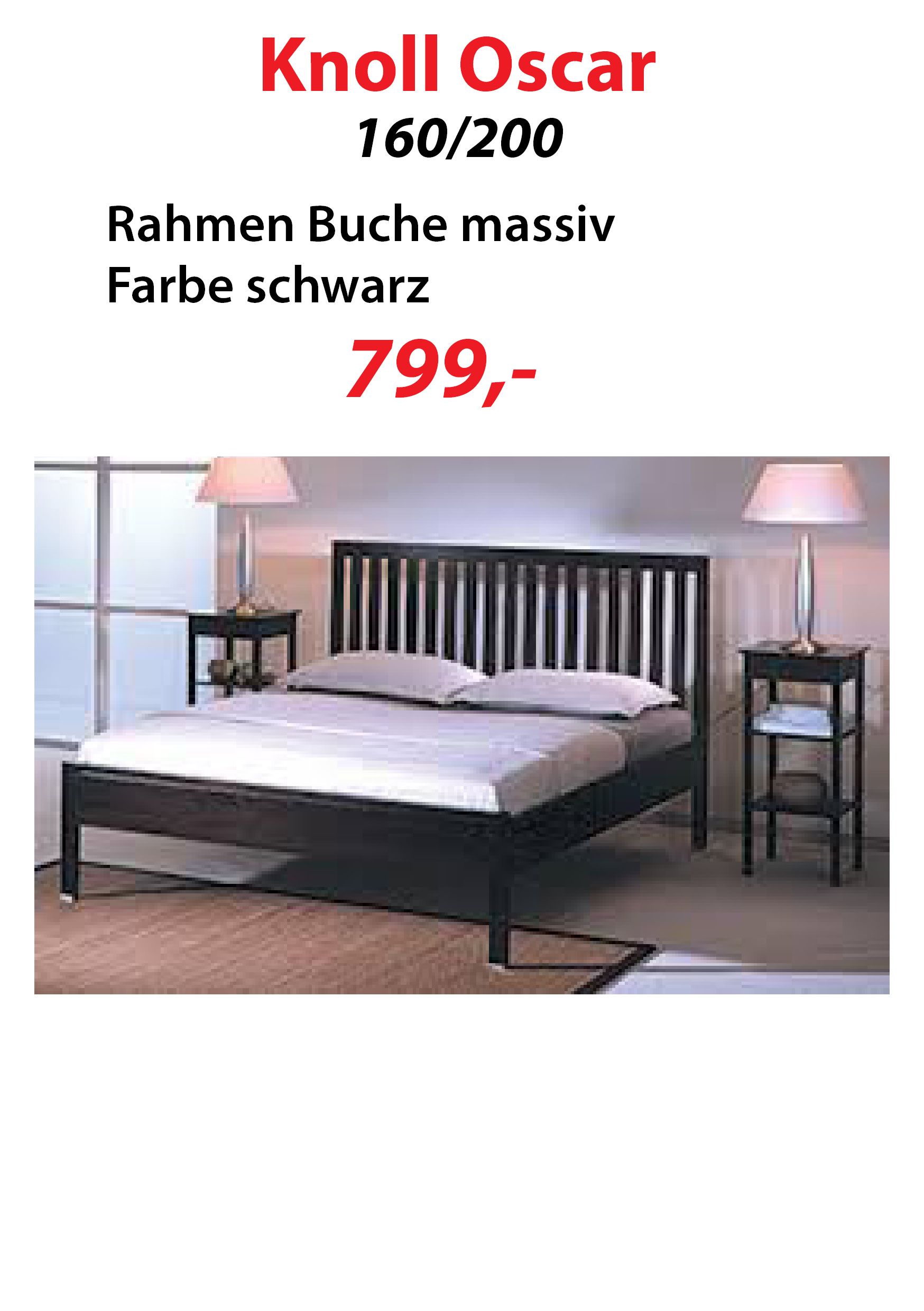 Schwarzer Bettrahmen mit Kopfteil und zwei Nachttischen; inklusive Preis- und Produktinformationen.