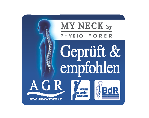 Logo für „MY NECK“ von Physio Forer mit Wirbelsäulenbild und dem Schriftzug „Geprüft & empfohlen“.