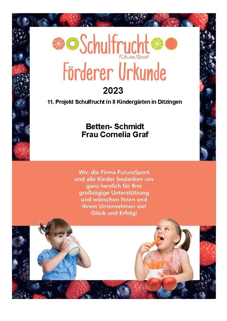 Zertifikat für das SchulFrucht-Projekt 2023, das Kinder beim Essen und Trinken in einem Rahmen aus Beeren zeigt.