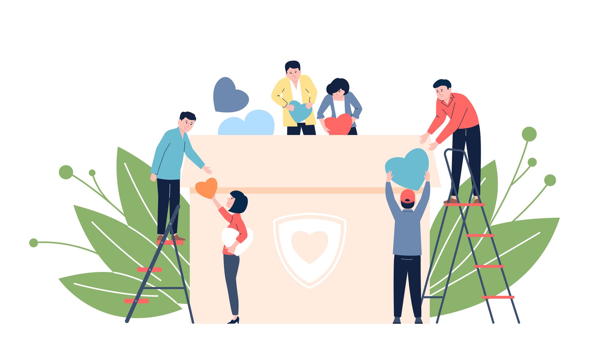 People working together to fill a large donation box marked with a shield icon, surrounded by green leaves.