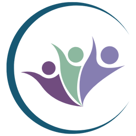 A stylized graphic of three figures with arms raised, colored purple and green, framed by a dark teal circular arc.
