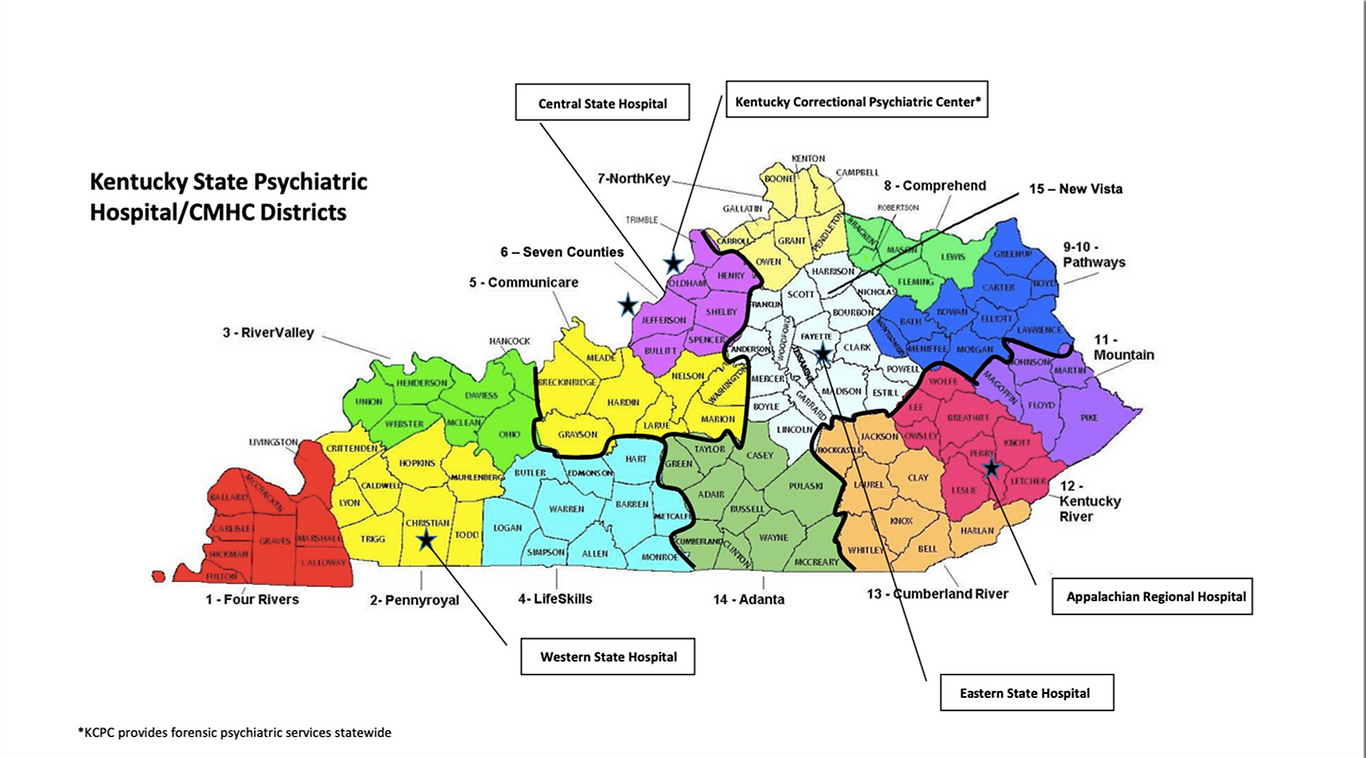 Map of Kentucky divided by color-coded psychiatric hospital service regions, with labels for specific facility locations.