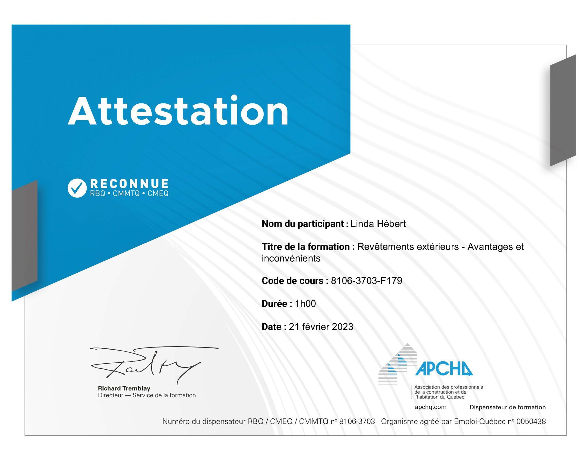 Certificat de fin d'études en français. Motif bleu et blanc.