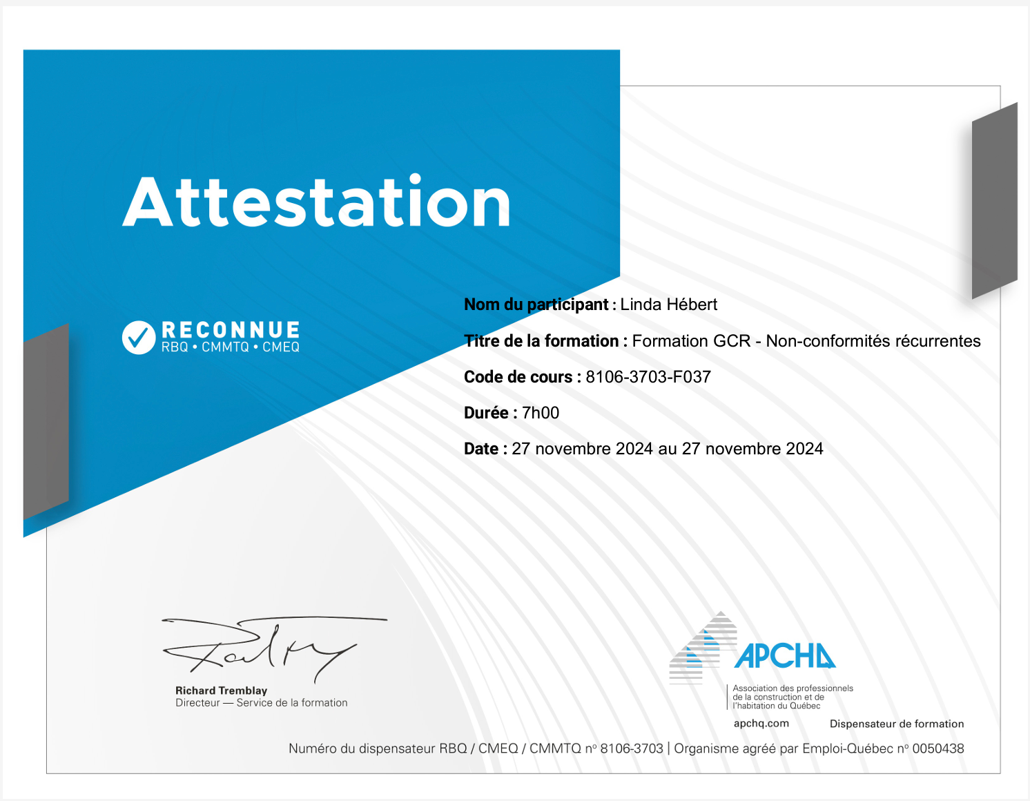 Attestation de présence à la