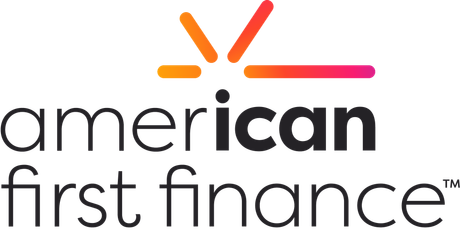 American First Finance logo.  Blue and red abstract graphic with blue text.