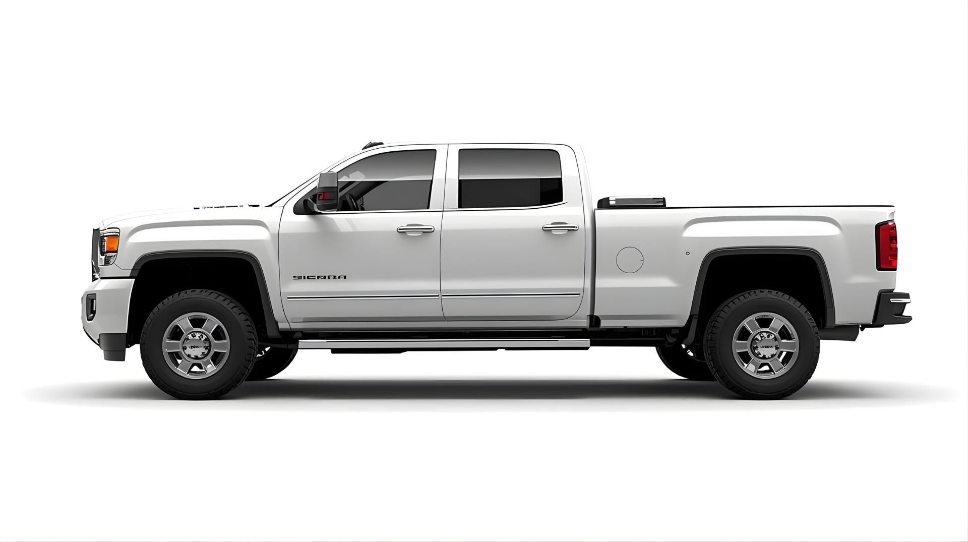 Side view of a silver crew cab pickup truck on a white background