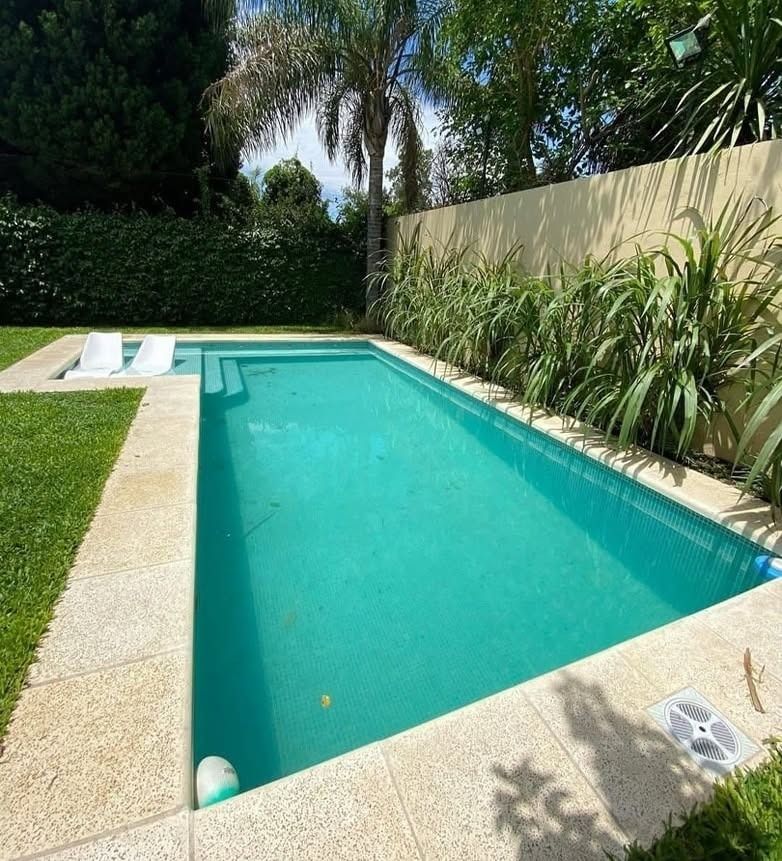 Piscina en el patio trasero con agua turquesa, tumbonas blancas y palmeras a lo largo de una valla.