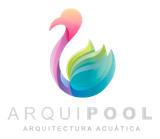 Logotipo de Arquipool piledetas con olas azules, un icono de techo y un sol naranja.