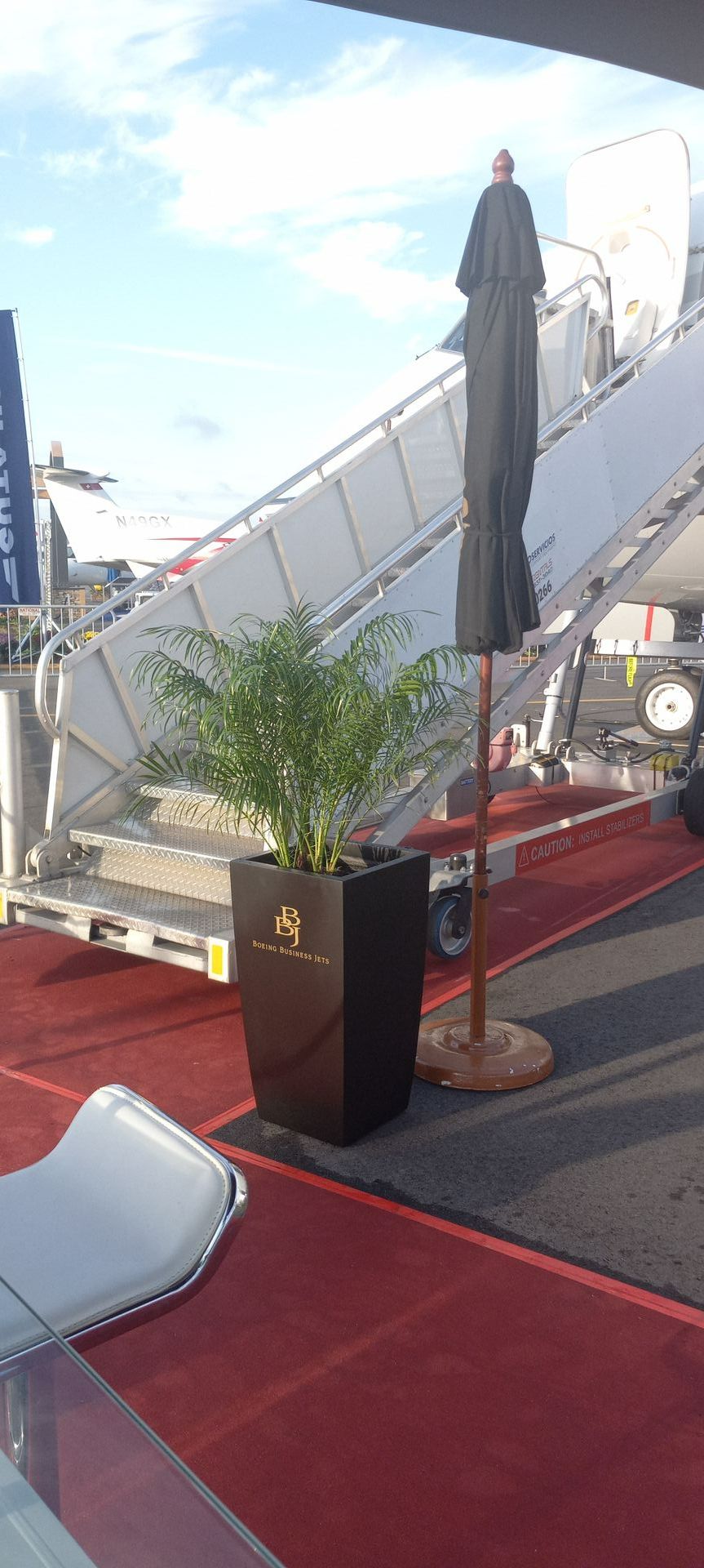 A black umbrella is sitting on a red carpet next to a potted plant.