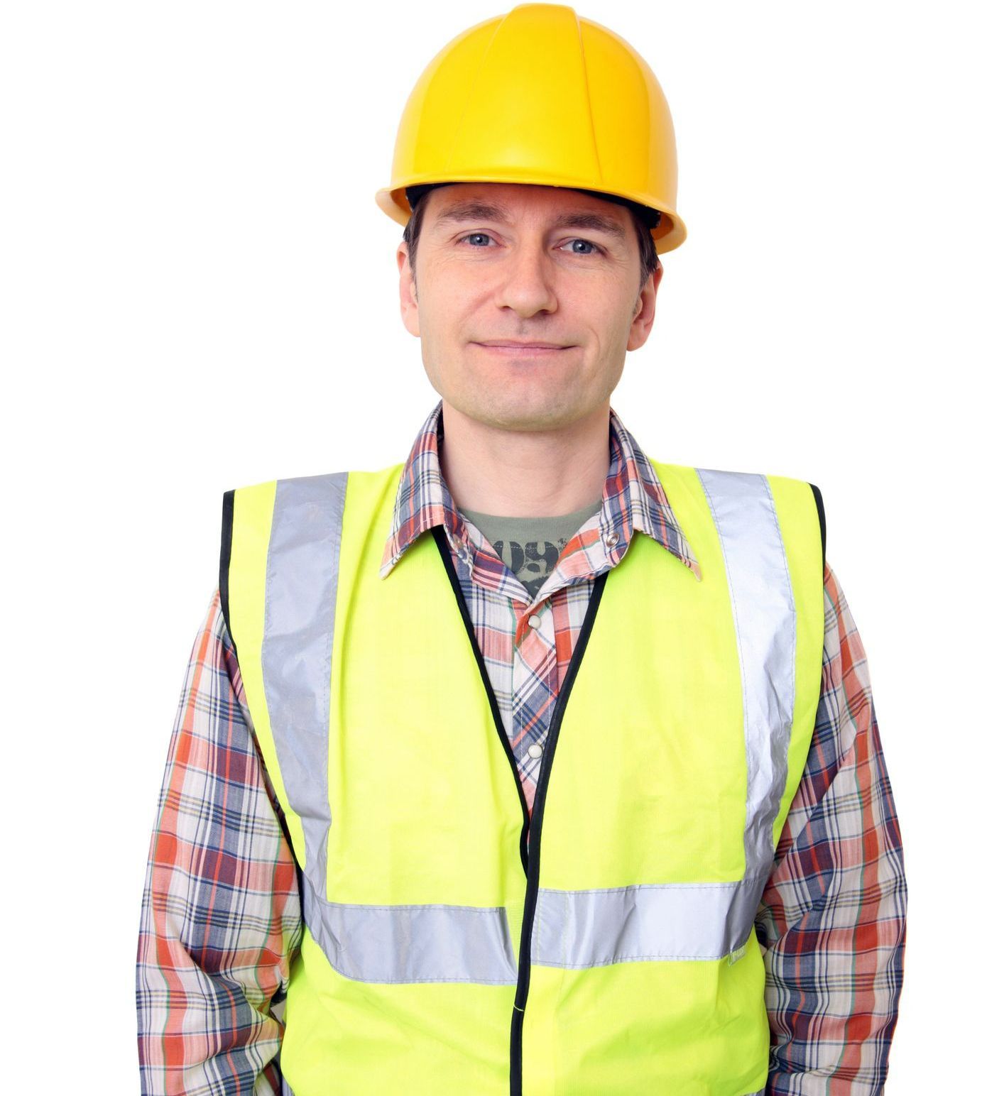 A man wearing a yellow hard hat and a yellow vest