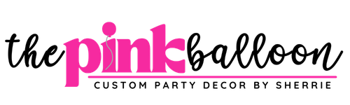 The pink balloon party decor logo has a pink balloon in the shape of a heart.