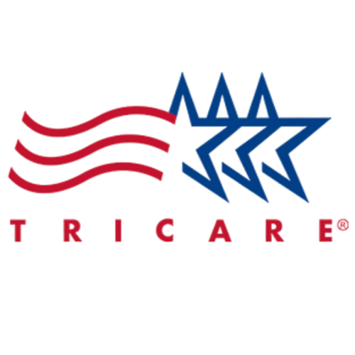 Logo for TRICARE health insurance. Red and white stripes and three blue stars on a white background.