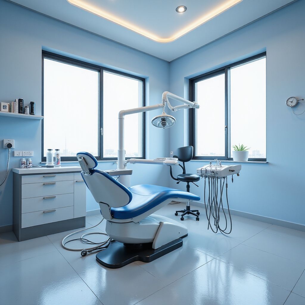 A dental office interior with blue walls, a dental chair, and equipment.