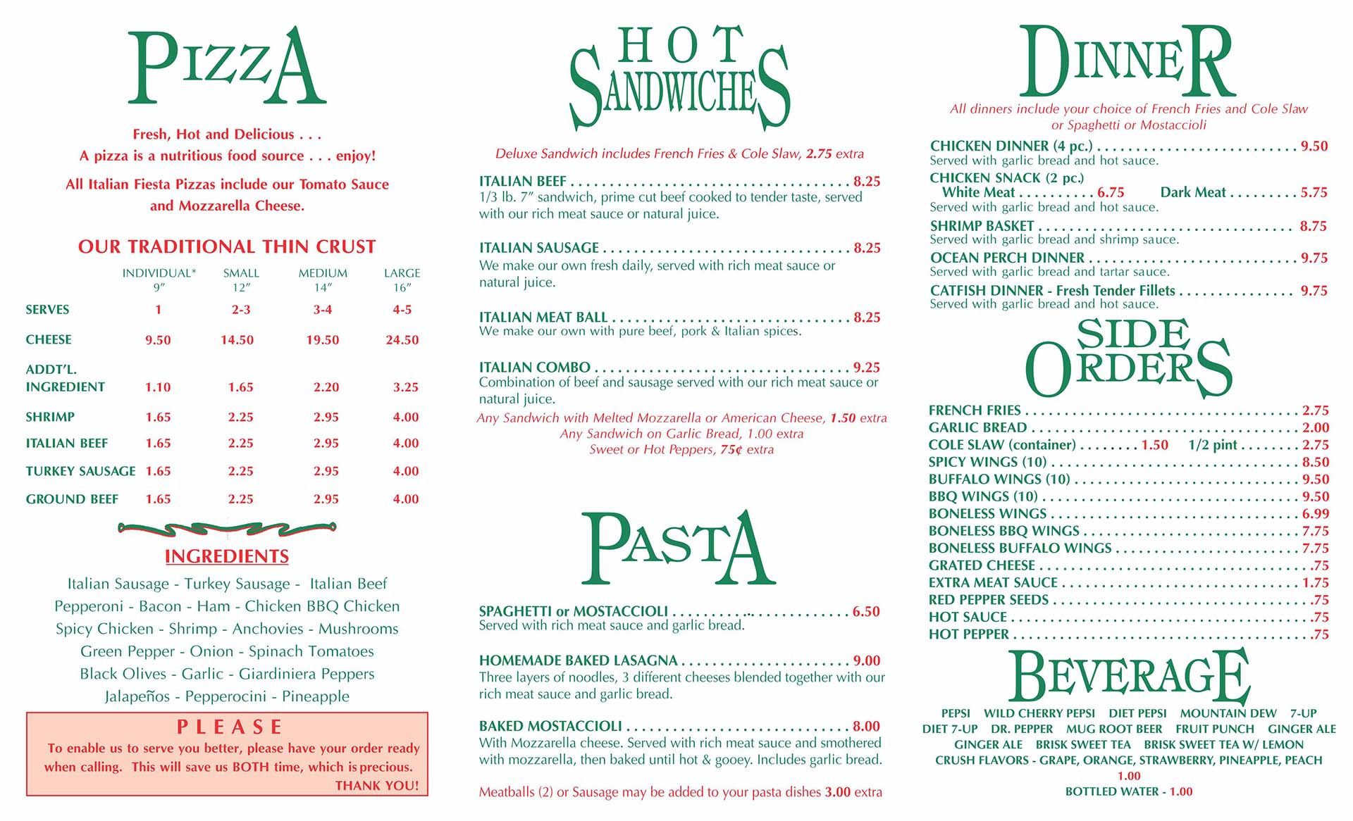 71st and 80th Street Food Menu — Chicago, IL — Italian Fiesta Pizzeria