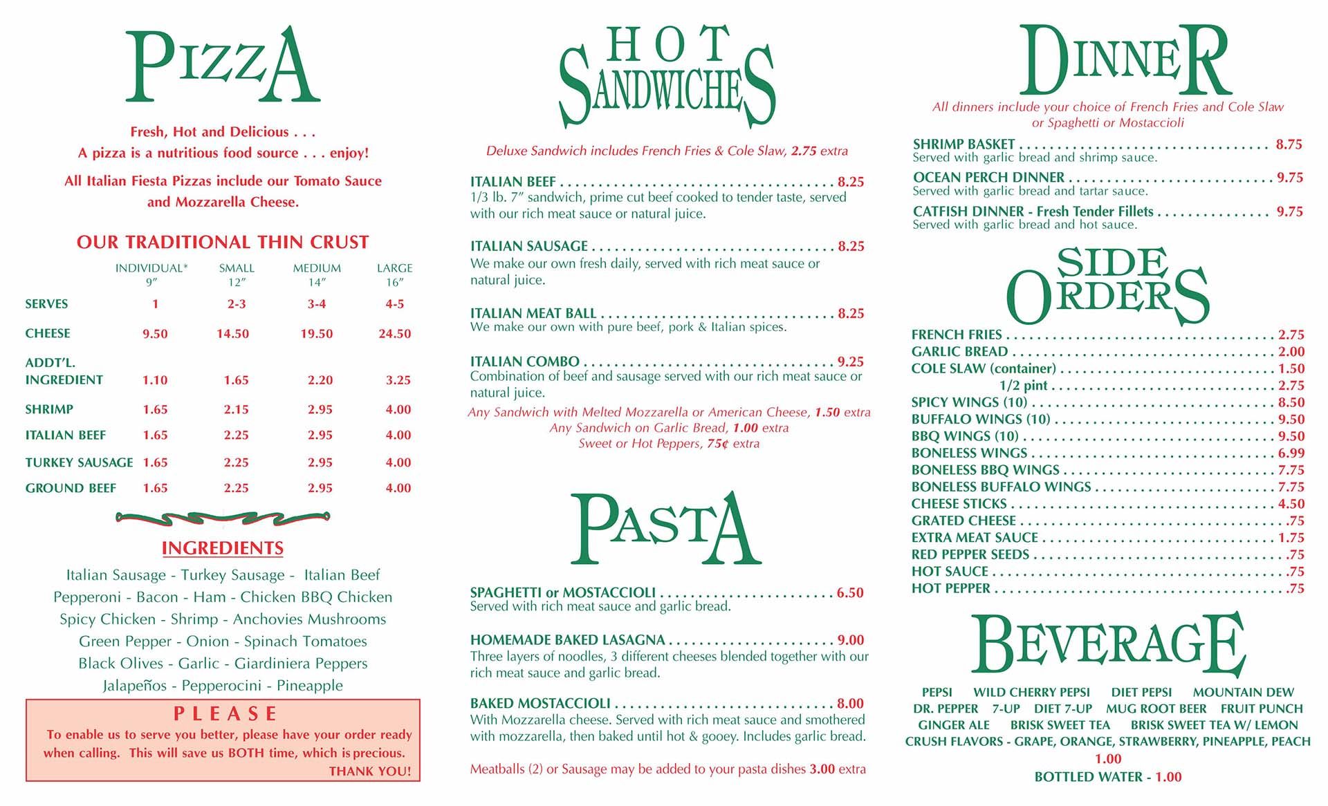 Dolton Area Food Menu — Chicago, IL — Italian Fiesta Pizzeria