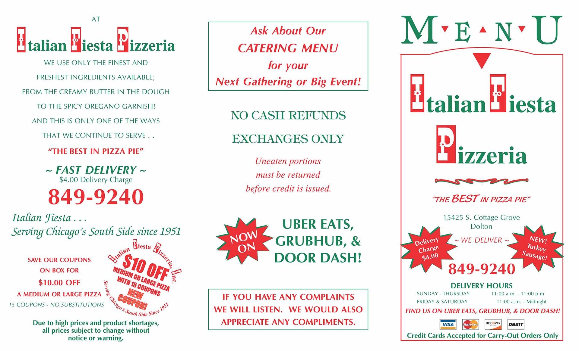 Dolton Area Catering Menu — Chicago, IL — Italian Fiesta Pizzeria