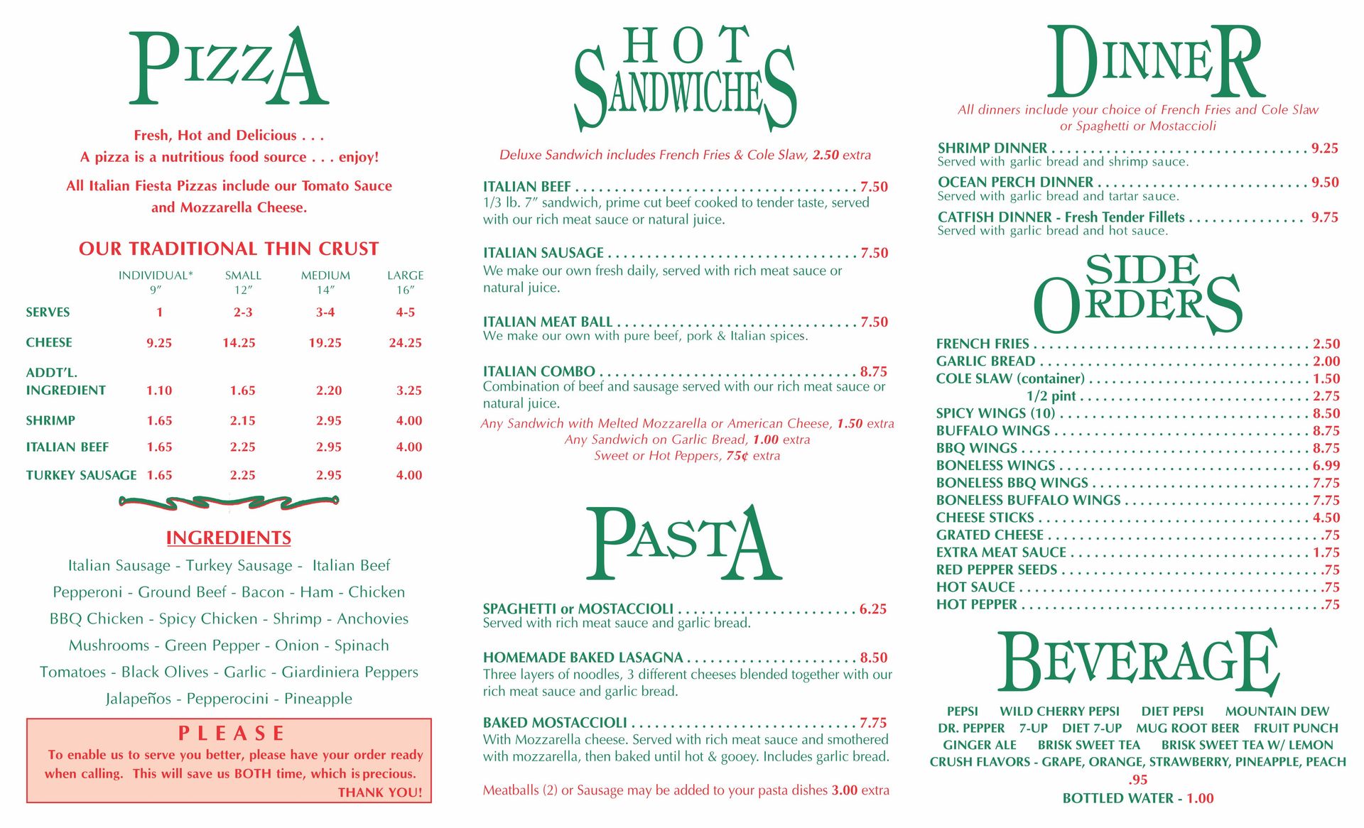 Dolton Area Food Menu — Chicago, IL — Italian Fiesta Pizzeria
