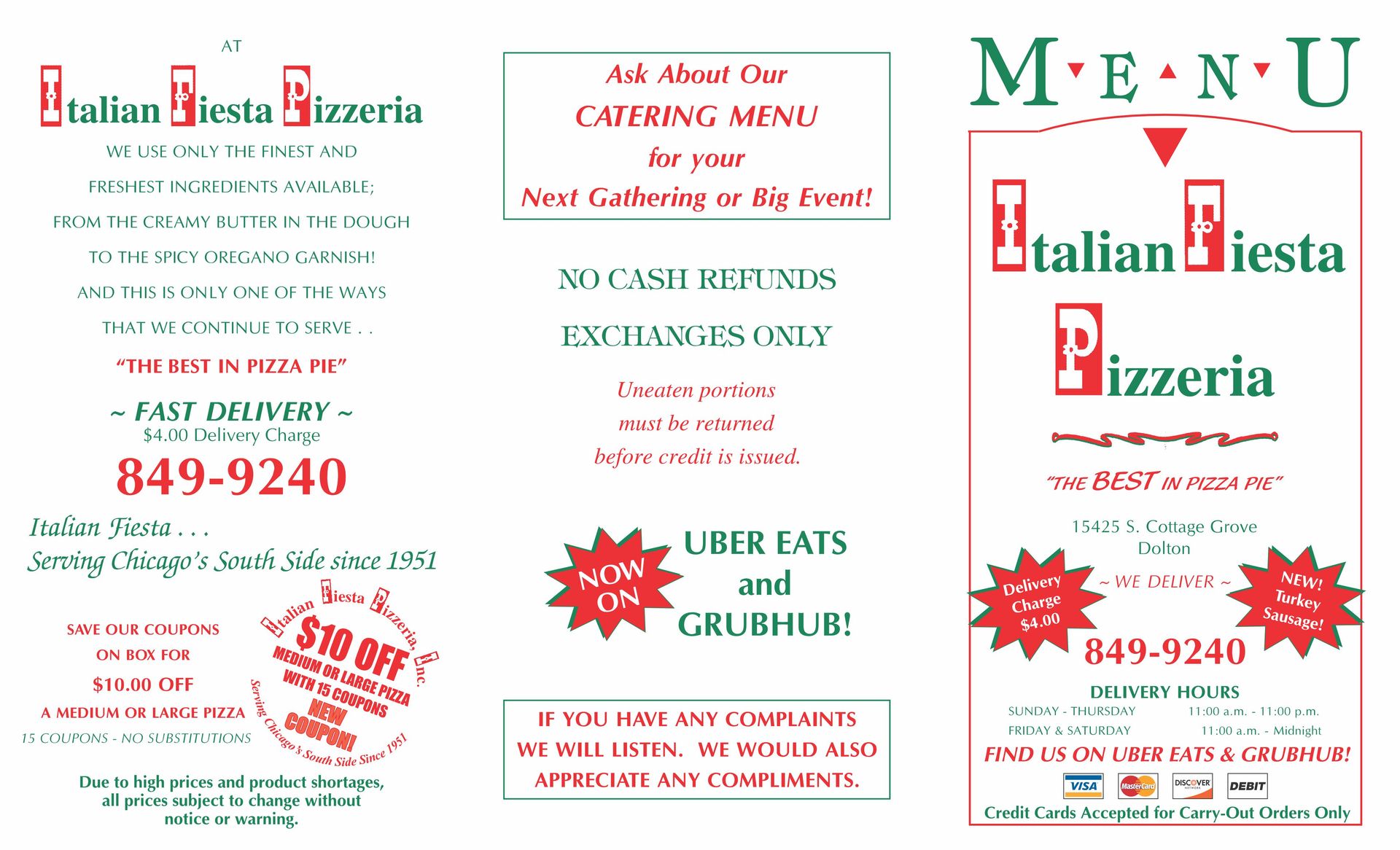 Dolton Area Catering Menu — Chicago, IL — Italian Fiesta Pizzeria