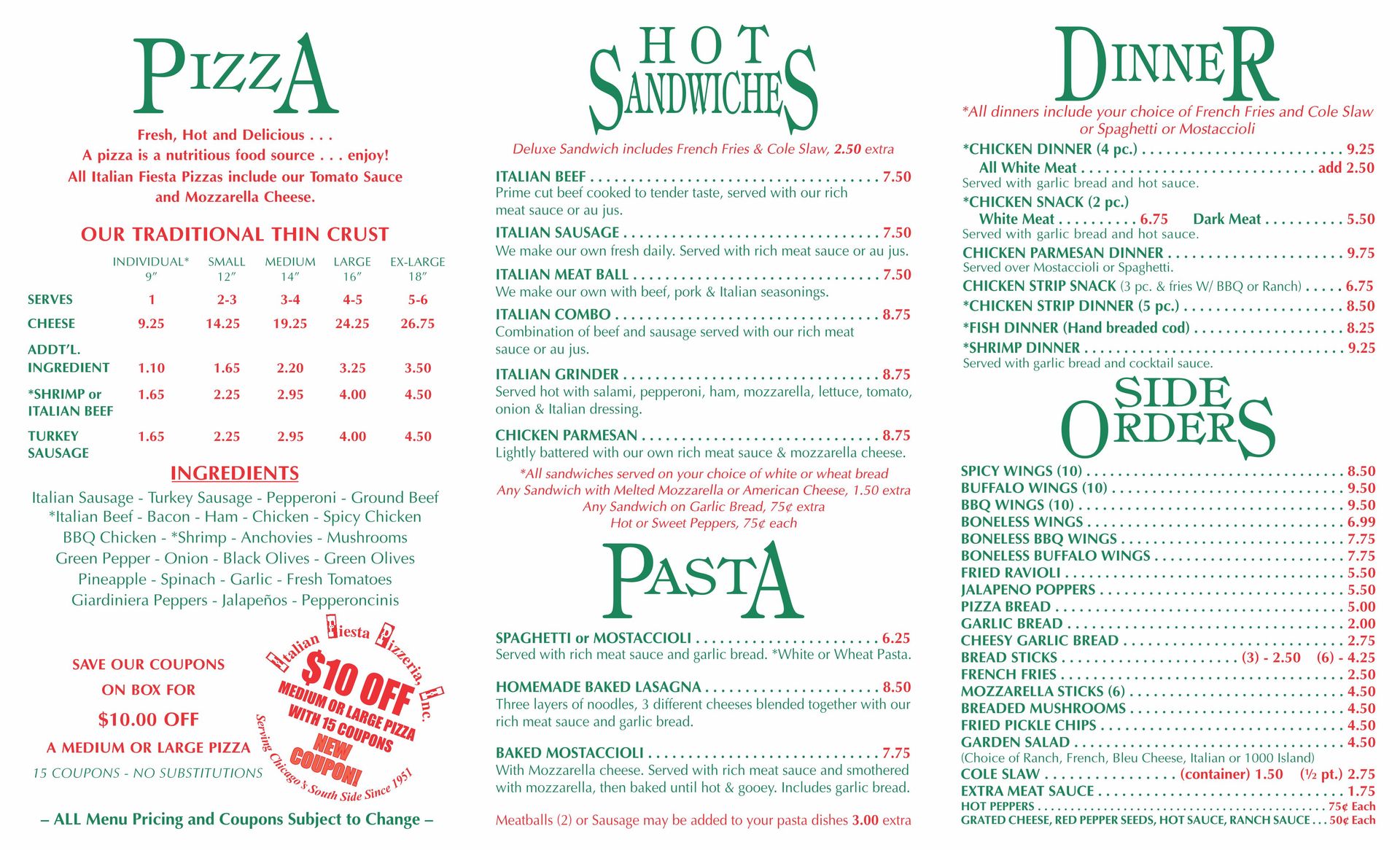 New Lenox Area Food Menu — Chicago, IL — Italian Fiesta Pizzeria