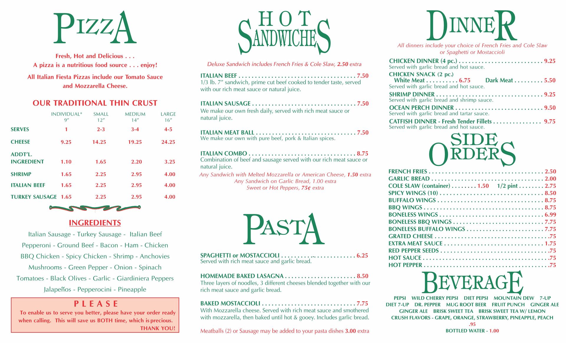 71st and 80th Street Food Menu — Chicago, IL — Italian Fiesta Pizzeria