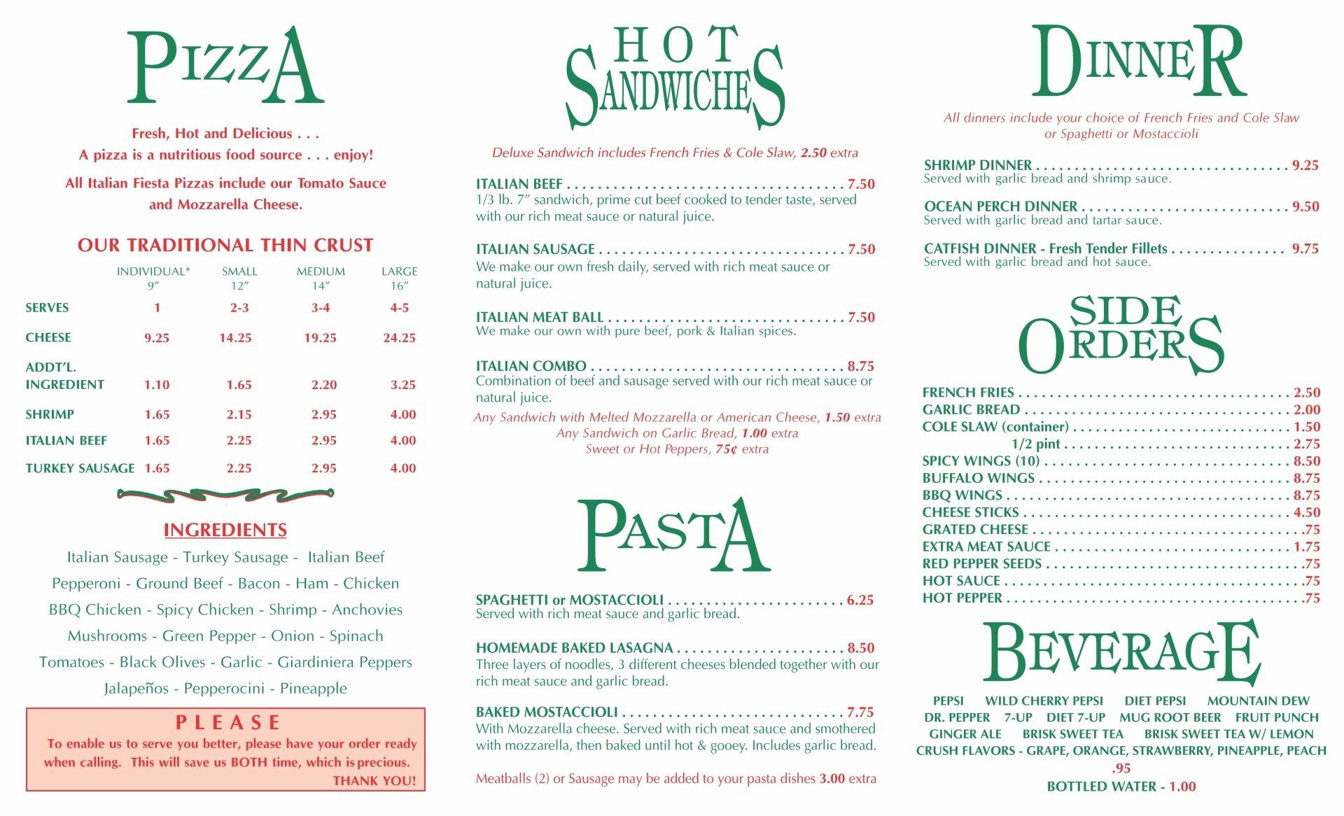 Dolton Area Food Menu — Chicago, IL — Italian Fiesta Pizzeria
