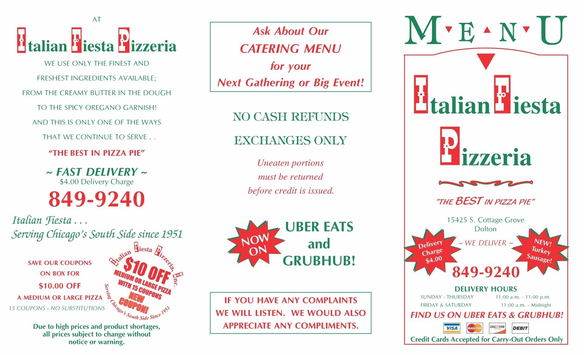Dolton Area Catering Menu — Chicago, IL — Italian Fiesta Pizzeria