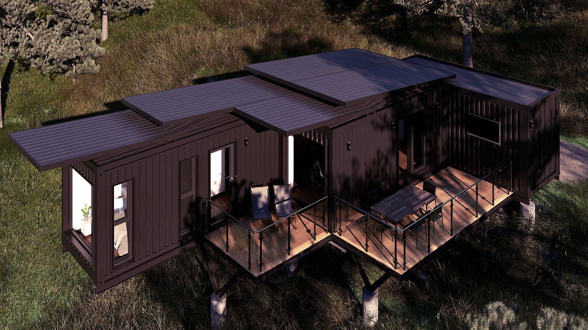 An aerial view of a shipping container house in the middle of a field.