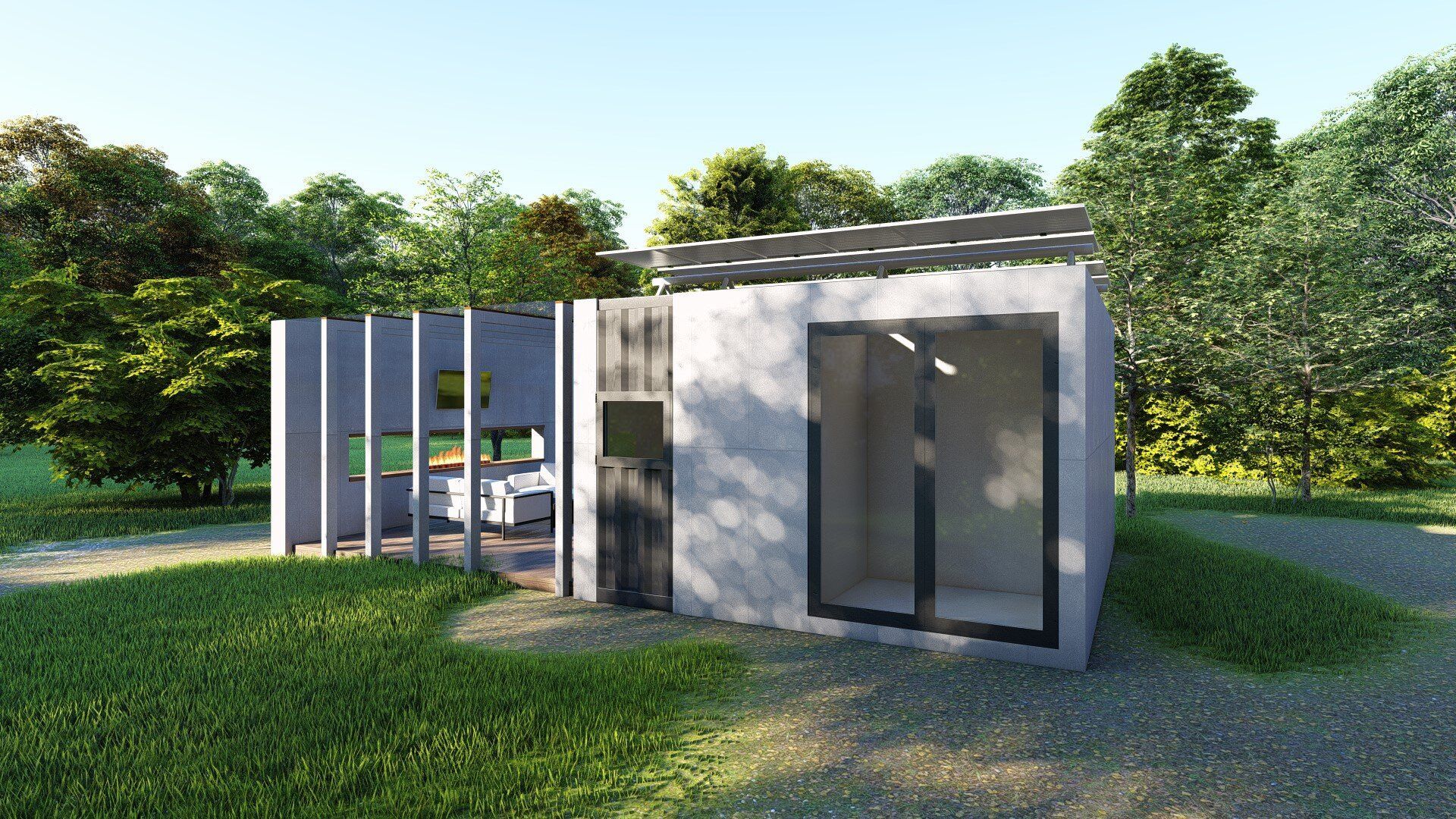 An artist 's impression of a small house with a car parked in front of it.