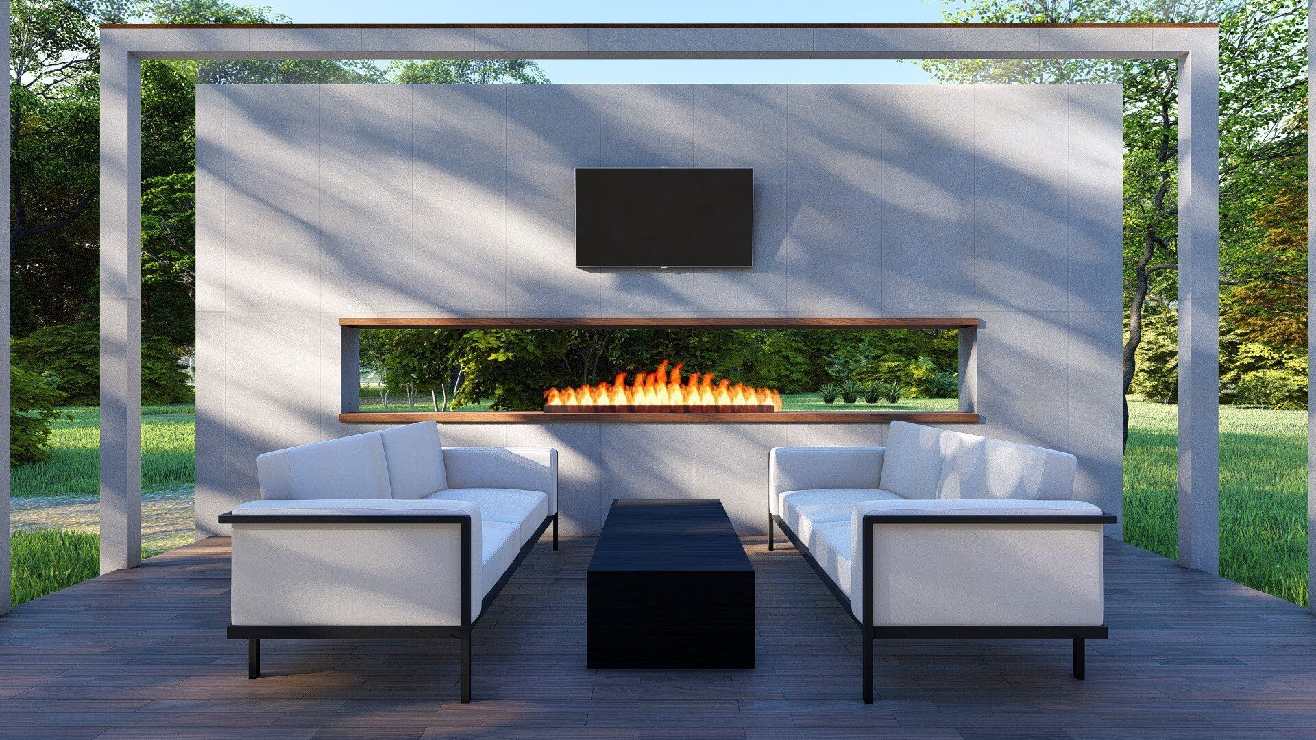 A patio with two couches and a fireplace.
