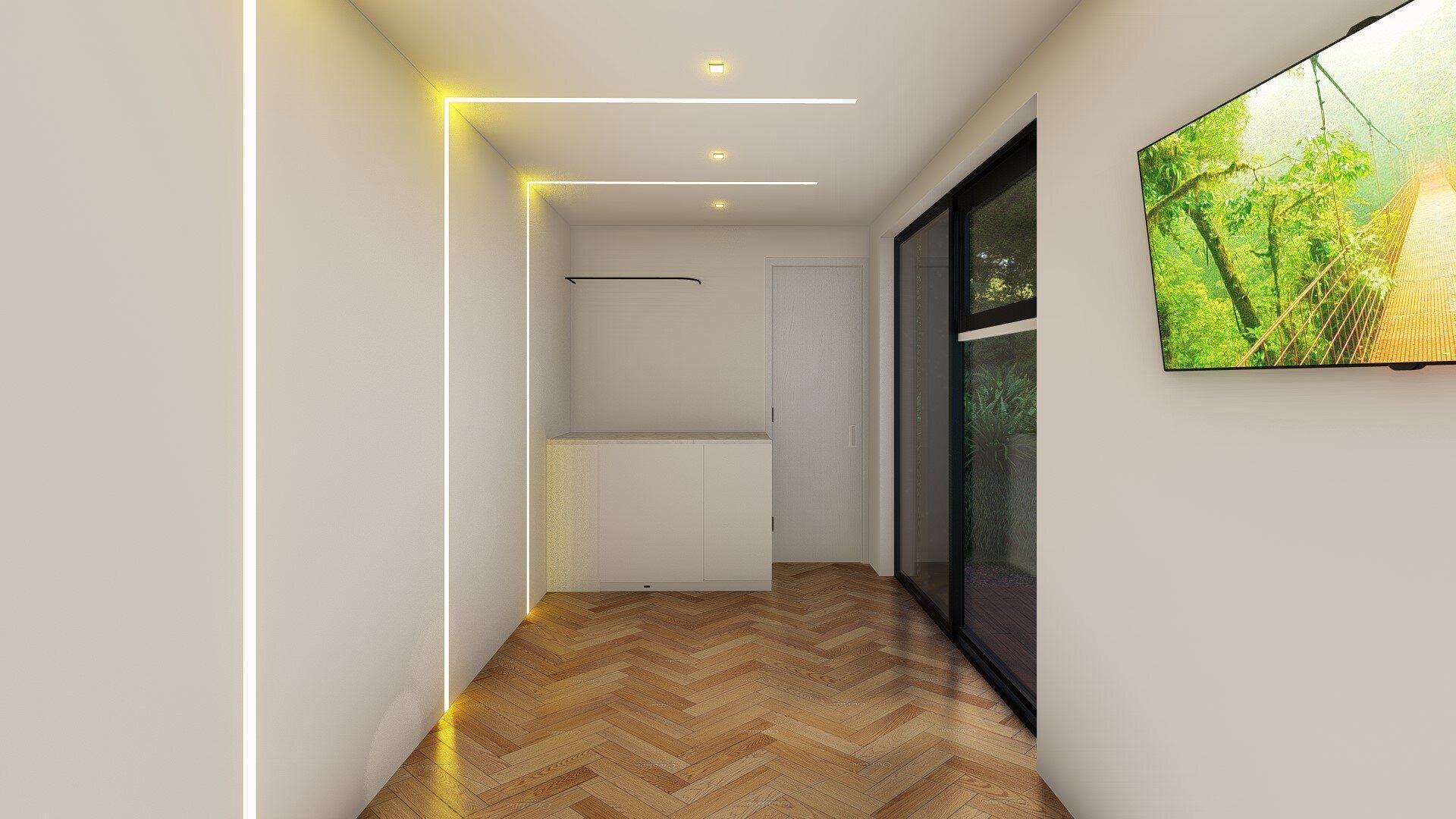 A hallway with a wooden floor and a television on the wall.