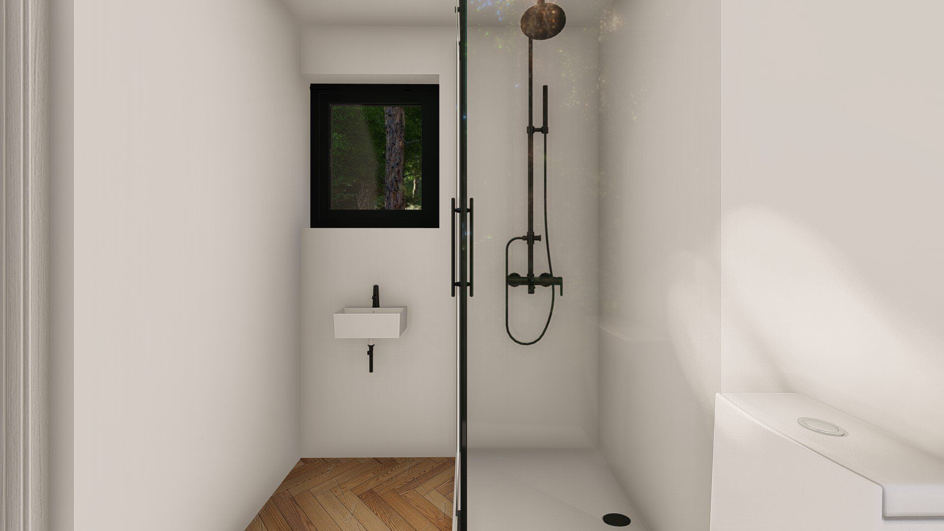 A bathroom with a walk in shower and a sink.