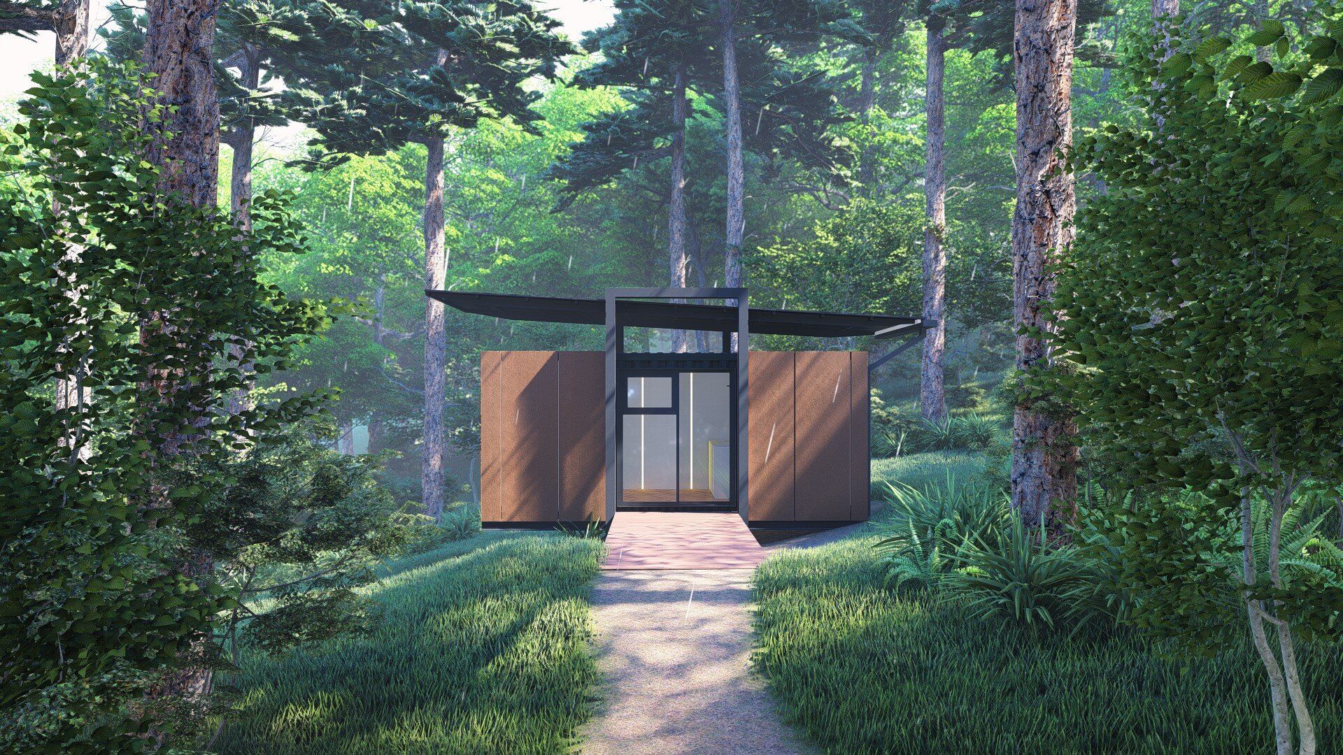 A house in the middle of a forest with a path leading to it.