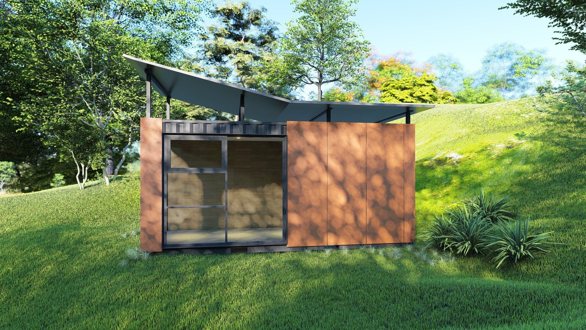 A small house is sitting on top of a grassy hill.